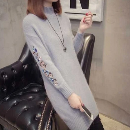 Achtjurk - Zachte Gebreide Sweaterjurk met Geborduurde Mouwen, Hoge Hals, Gebreide Dames Jurks