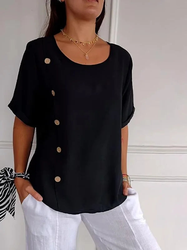 Verlene - Damesshirt met casual knoopsluiting in katoen- en linnenprint
