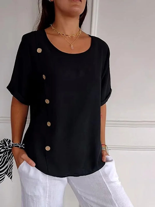 Verlene - Damesshirt met casual knoopsluiting in katoen- en linnenprint
