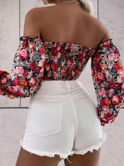 Freda - Zomerse bloemen top open schouders en rug met mouwen