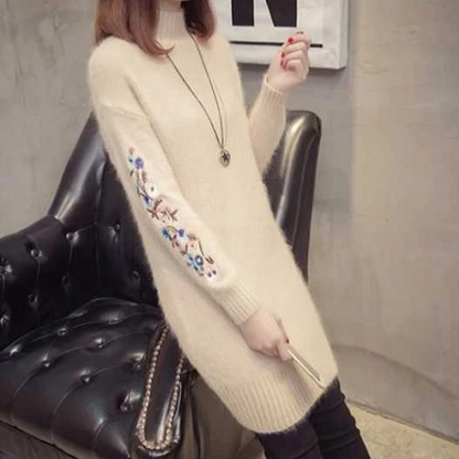 Achtjurk - Zachte Gebreide Sweaterjurk met Geborduurde Mouwen, Hoge Hals, Gebreide Dames Jurks