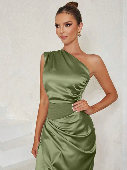 Laurie – Vintage elegant Sexy Eén schouder Gewikkeld Hoge gleuf Avondjurk