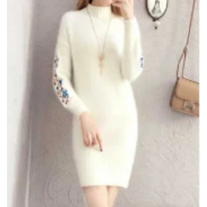 Achtjurk - Zachte Gebreide Sweaterjurk met Geborduurde Mouwen, Hoge Hals, Gebreide Dames Jurks