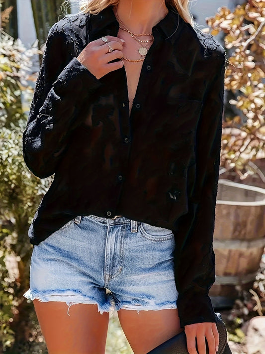 Sheer losse jacquard blouse met knoopsluiting - Leah
