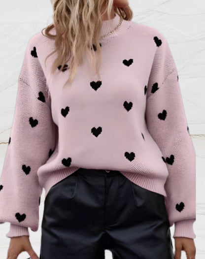 Maria | Oversized trui met ronde hals en hartjesprint