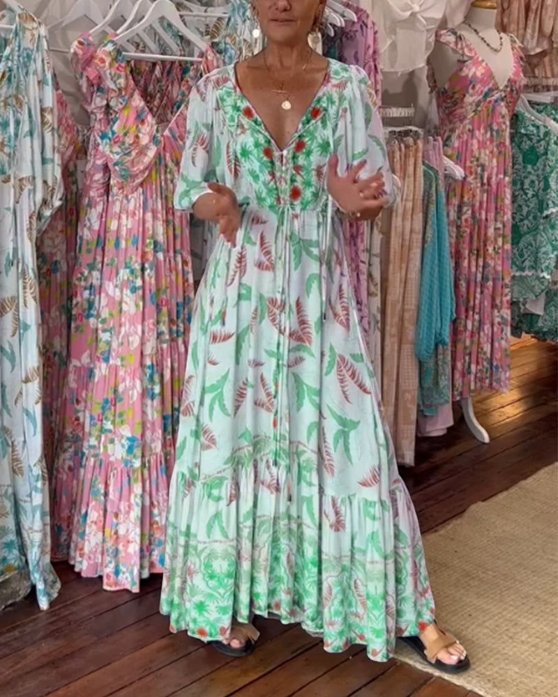 Amita - Maxi-jurk voor dames met een bladprint en een elegante V-hals