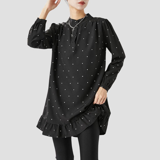 Gabrielle Tuniek | Lange zwart-witte polka-dot blouse met ronde hals en lange mouwen voor dames