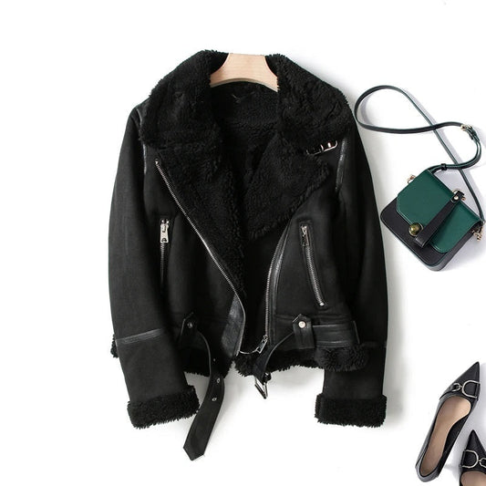 Lea - Chique Winter Lapel Kraag Fleece Gevoerde Bikerjas met Rits voor Vrouwen