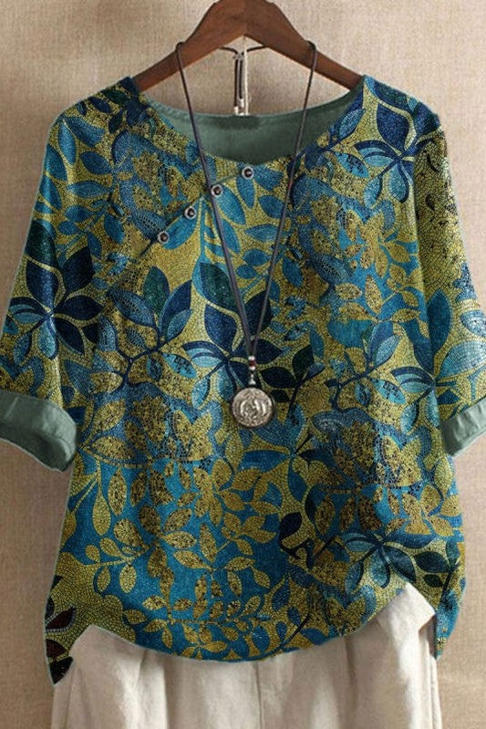 Dorla - Blouse met halve mouwen, ronde hals en bladmotief