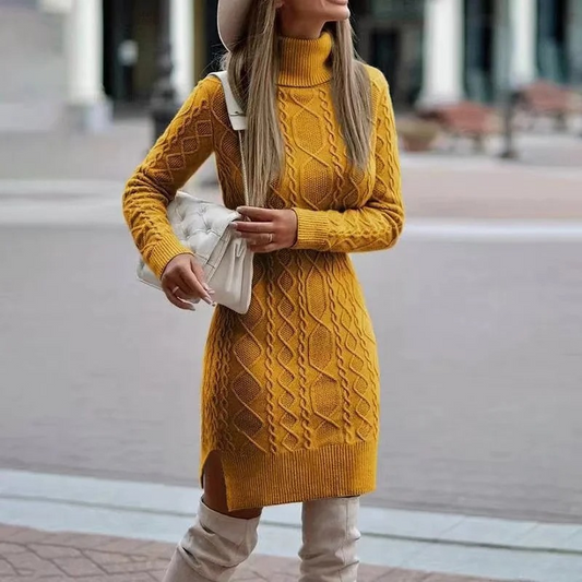 Fijnloop - Dames Coltrui Kabel Gebreide Sweater Jurk, Gebreide Dames Jurks