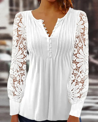 Claudia - Elegante V-hals top met lange mouwen en kant - perfect voor elk seizoen