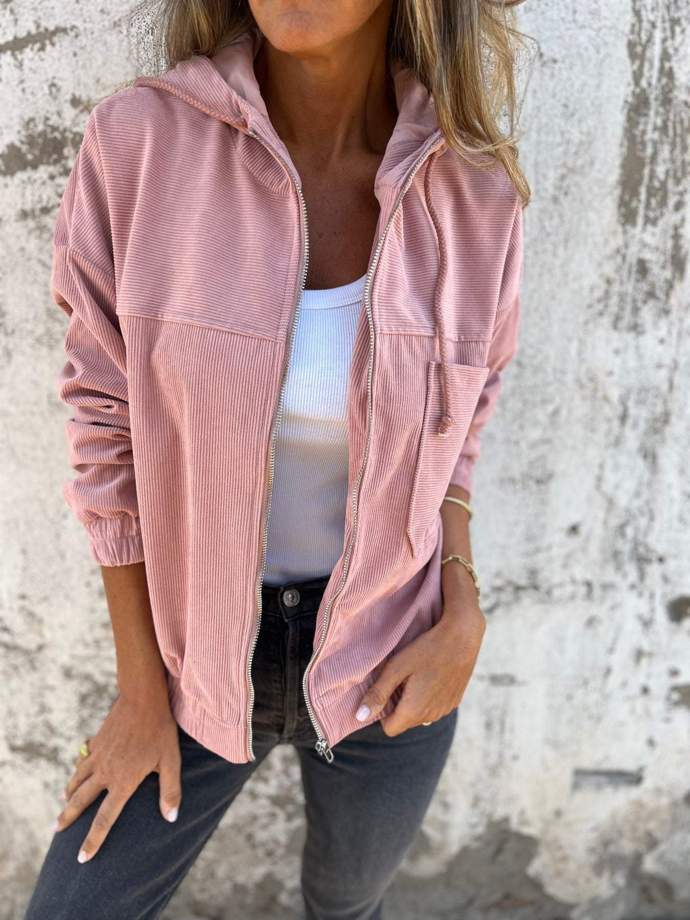 Kyra - Casual Herfst Corduroy Jas met Trekkoord en Capuchon voor Vrouwen