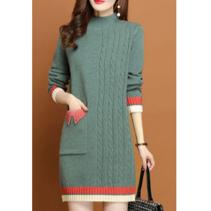 Sierlijk - Kabelgebreide Sweaterjurk met Voorzak en Geribde Zoom, Gebreide Dames Jurks