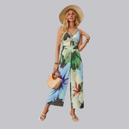 Sophia | Jumpsuit met tropische print en stropdas aan de voorkant