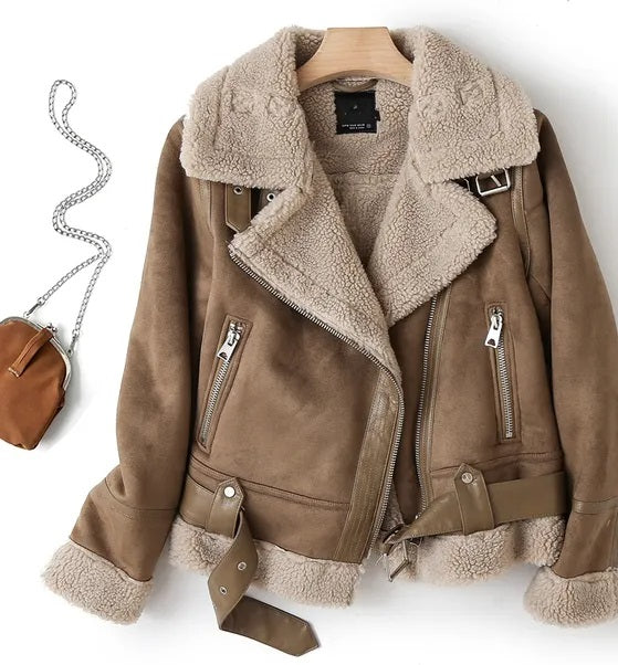 Lea - Chique Winter Lapel Kraag Fleece Gevoerde Bikerjas met Rits voor Vrouwen