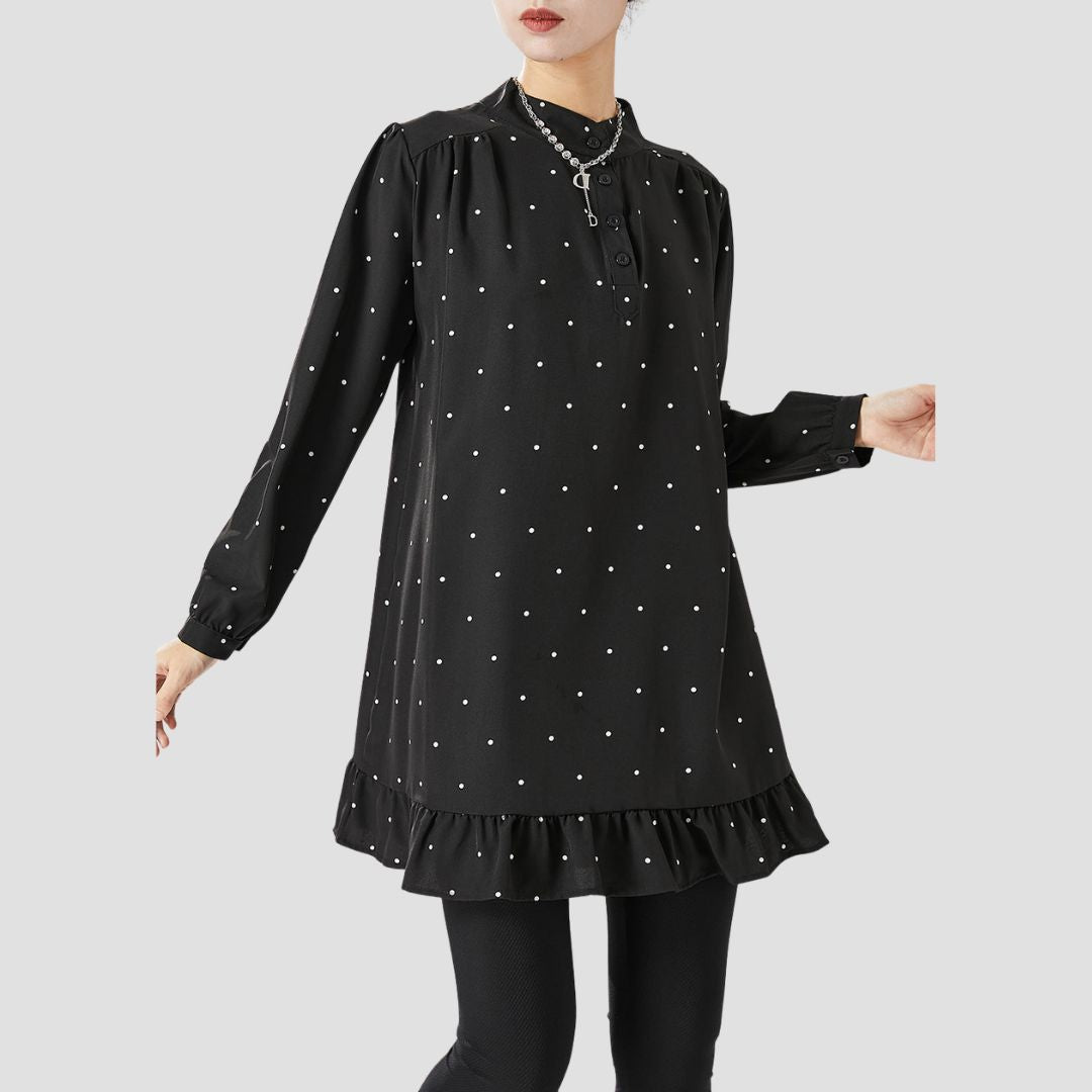 Gabrielle Tuniek | Lange zwart-witte polka-dot blouse met ronde hals en lange mouwen voor dames