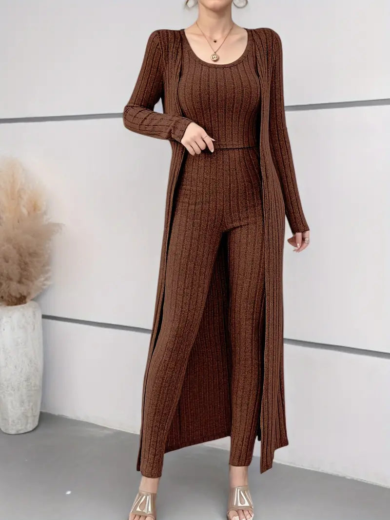 Alayá Co-ord Set | 3-delige geribde trio crop tanktop, vest met lange mouwen en broek met hoge taille voor dames