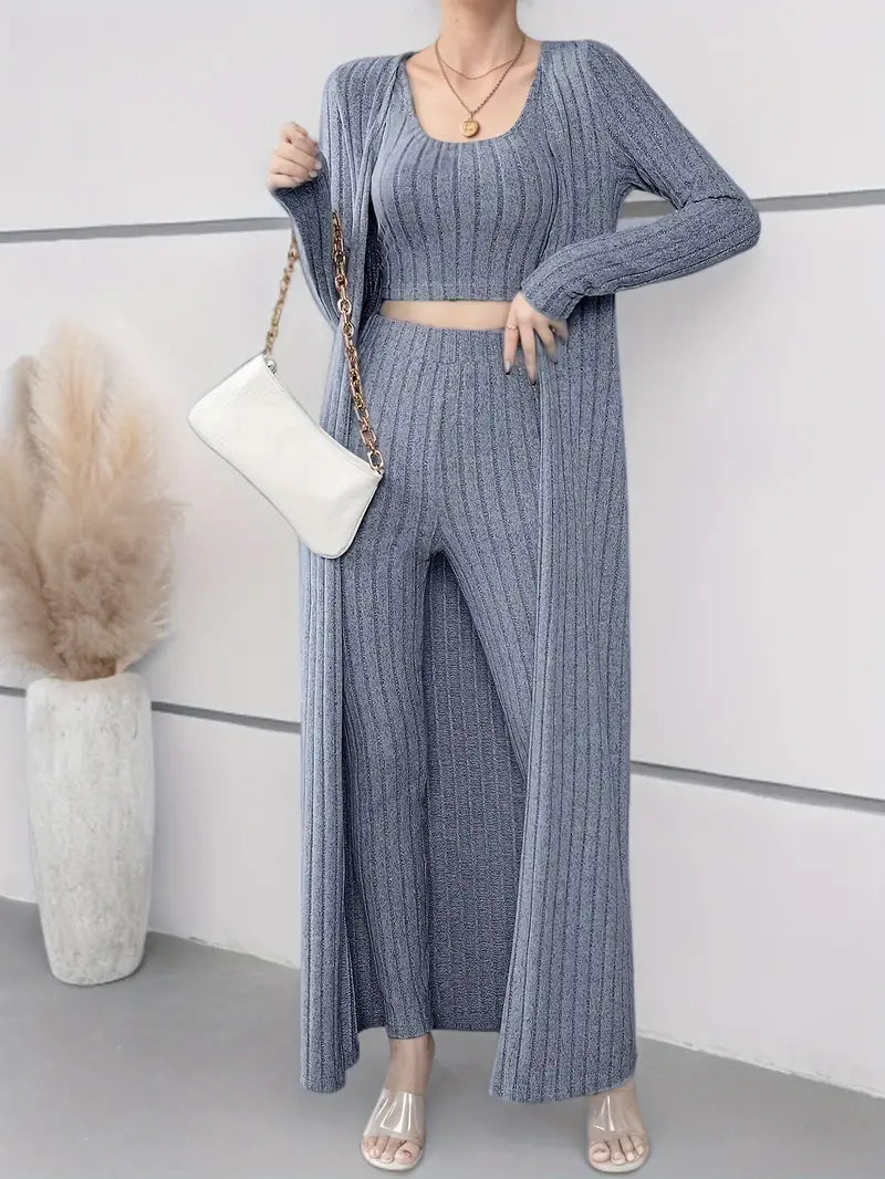 Alayá Co-ord Set | 3-delige geribde trio crop tanktop, vest met lange mouwen en broek met hoge taille voor dames