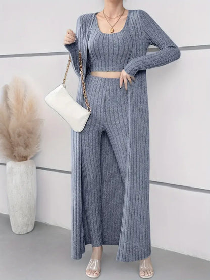 Alayá Co-ord Set | 3-delige geribde trio crop tanktop, vest met lange mouwen en broek met hoge taille voor dames