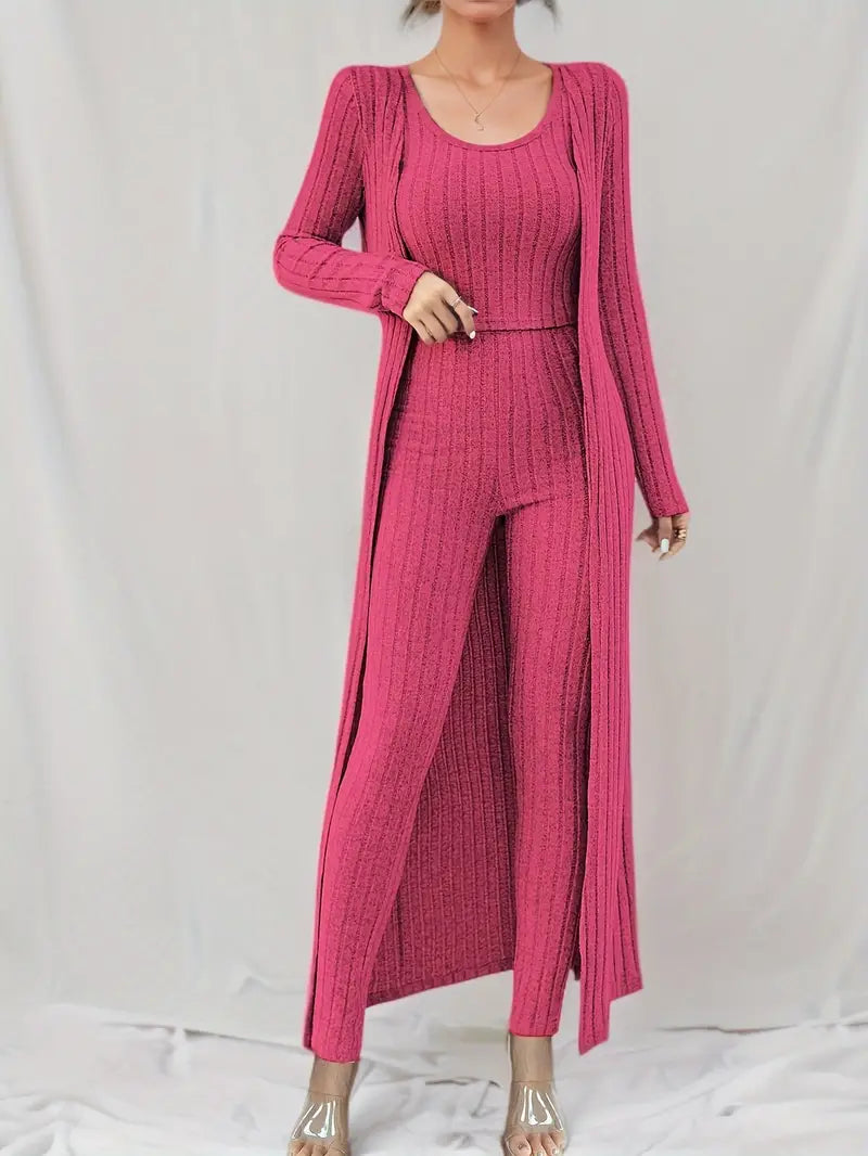 Alayá Co-ord Set | 3-delige geribde trio crop tanktop, vest met lange mouwen en broek met hoge taille voor dames