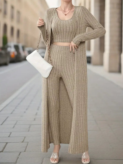 Alayá Co-ord Set | 3-delige geribde trio crop tanktop, vest met lange mouwen en broek met hoge taille voor dames