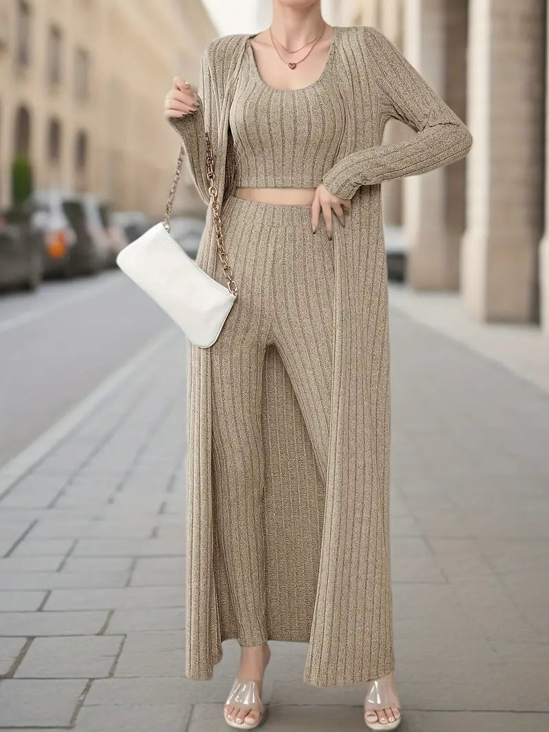 Alayá Co-ord Set | 3-delige geribde trio crop tanktop, vest met lange mouwen en broek met hoge taille voor dames