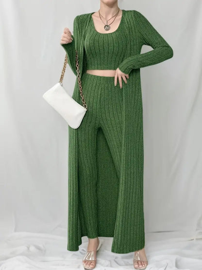 Alayá Co-ord Set | 3-delige geribde trio crop tanktop, vest met lange mouwen en broek met hoge taille voor dames