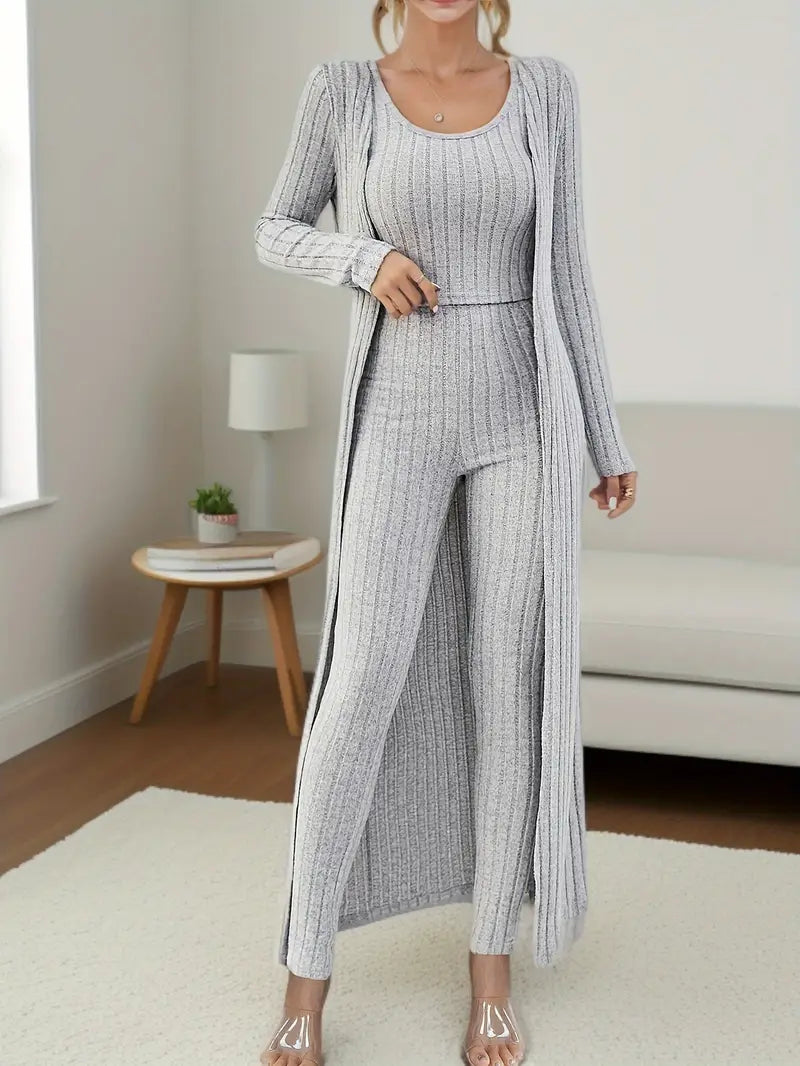 Alayá Co-ord Set | 3-delige geribde trio crop tanktop, vest met lange mouwen en broek met hoge taille voor dames