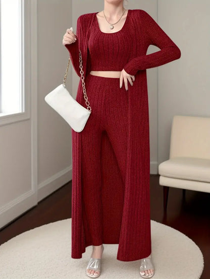 Alayá Co-ord Set | 3-delige geribde trio crop tanktop, vest met lange mouwen en broek met hoge taille voor dames