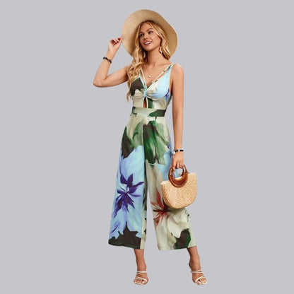 Sophia | Jumpsuit met tropische print en stropdas aan de voorkant