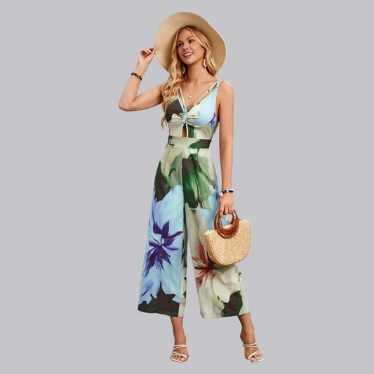 Sophia | Jumpsuit met tropische print en stropdas aan de voorkant