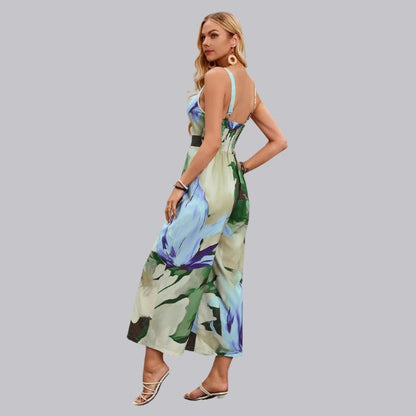 Sophia | Jumpsuit met tropische print en stropdas aan de voorkant