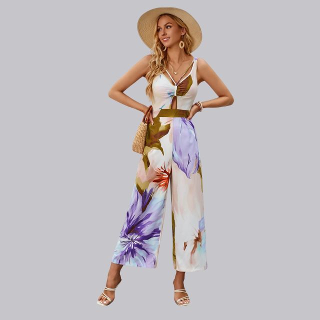 Sophia | Jumpsuit met tropische print en stropdas aan de voorkant