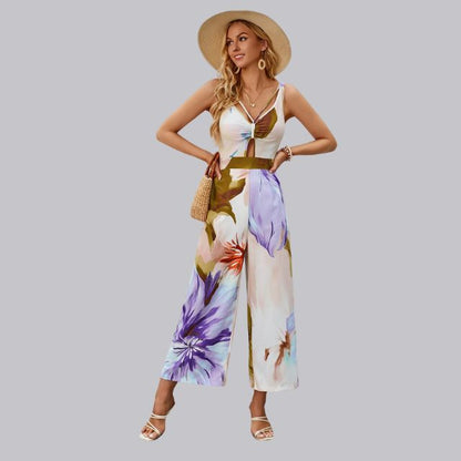 Sophia | Jumpsuit met tropische print en stropdas aan de voorkant