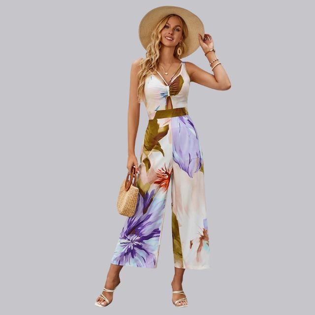 Sophia | Jumpsuit met tropische print en stropdas aan de voorkant