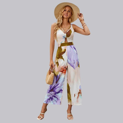 Sophia | Jumpsuit met tropische print en stropdas aan de voorkant