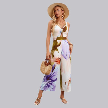 Sophia | Jumpsuit met tropische print en stropdas aan de voorkant