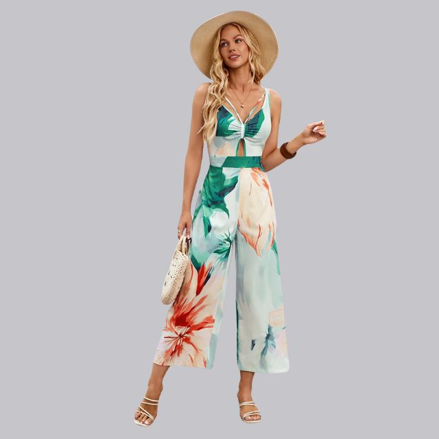 Sophia | Jumpsuit met tropische print en stropdas aan de voorkant