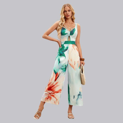 Sophia | Jumpsuit met tropische print en stropdas aan de voorkant