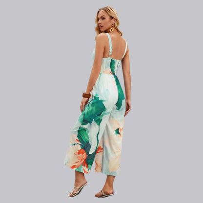 Sophia | Jumpsuit met tropische print en stropdas aan de voorkant