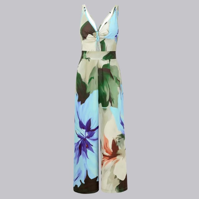 Sophia | Jumpsuit met tropische print en stropdas aan de voorkant