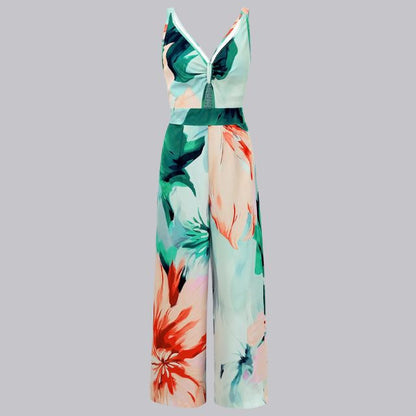 Sophia | Jumpsuit met tropische print en stropdas aan de voorkant