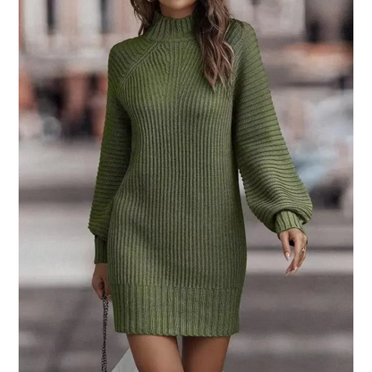 Luxdraad - Coltrui Sweaterjurk met Ballonmouwen en Geribde Brei, Gebreide Dames Jurks