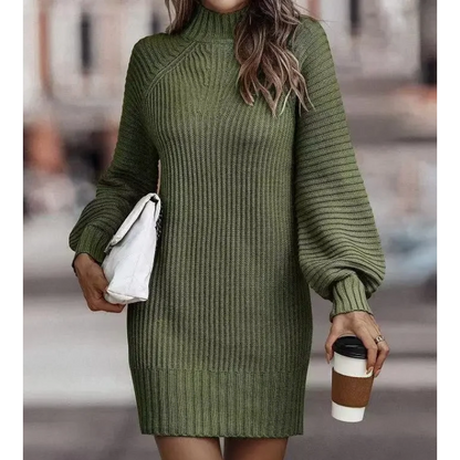Luxdraad - Coltrui Sweaterjurk met Ballonmouwen en Geribde Brei, Gebreide Dames Jurks