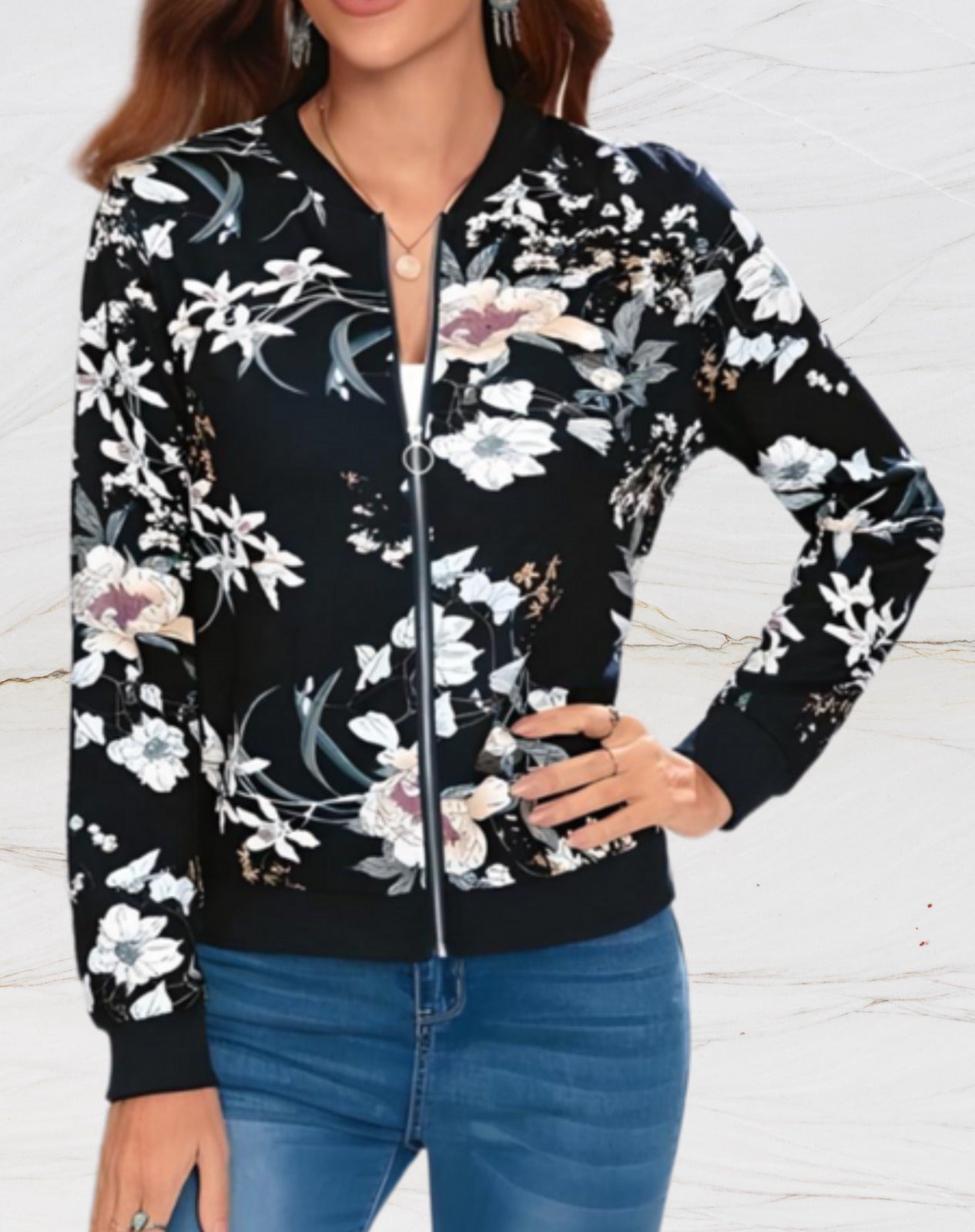 Lena | Stijlvol damesjack met rits en bloemenprint