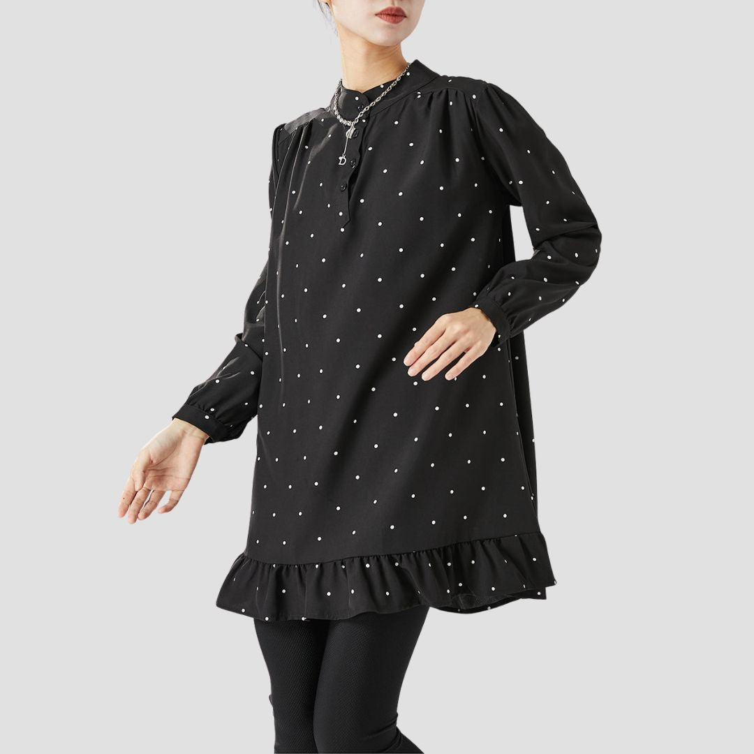 Gabrielle Tuniek | Lange zwart-witte polka-dot blouse met ronde hals en lange mouwen voor dames