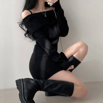 Verhaalj - Elegante Off Shoulder Geribbelde Jurk, Gebreide Dames Jurks