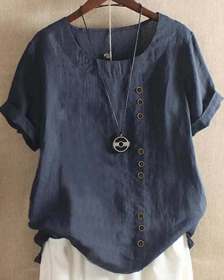 Leda - Effen blouse met korte mouwen en ronde halslijn