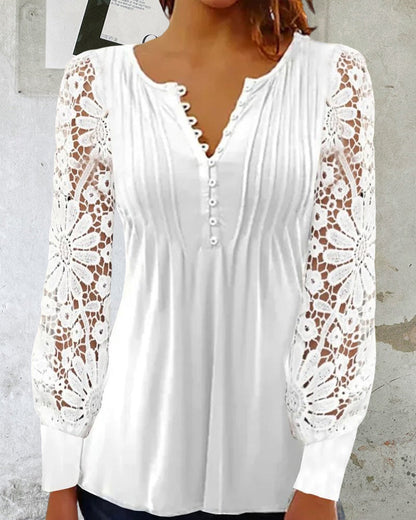 Claudia - Elegante V-hals top met lange mouwen en kant - perfect voor elk seizoen