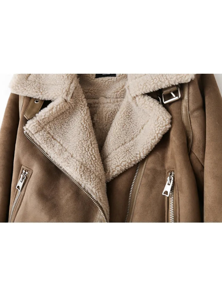 Lea - Chique Winter Lapel Kraag Fleece Gevoerde Bikerjas met Rits voor Vrouwen